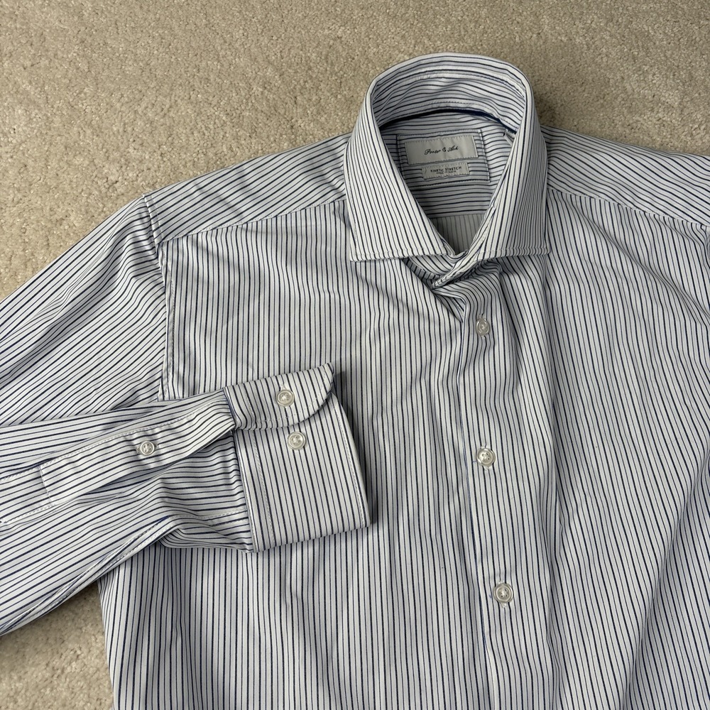Porter And Ash Kinetic Stretch Dress Shirt‎ Men's Medium White Blue Striped